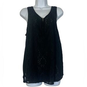 Maurices Black Lace Front Zip Tank Top Size L Sleeveless Flowy Blouse
